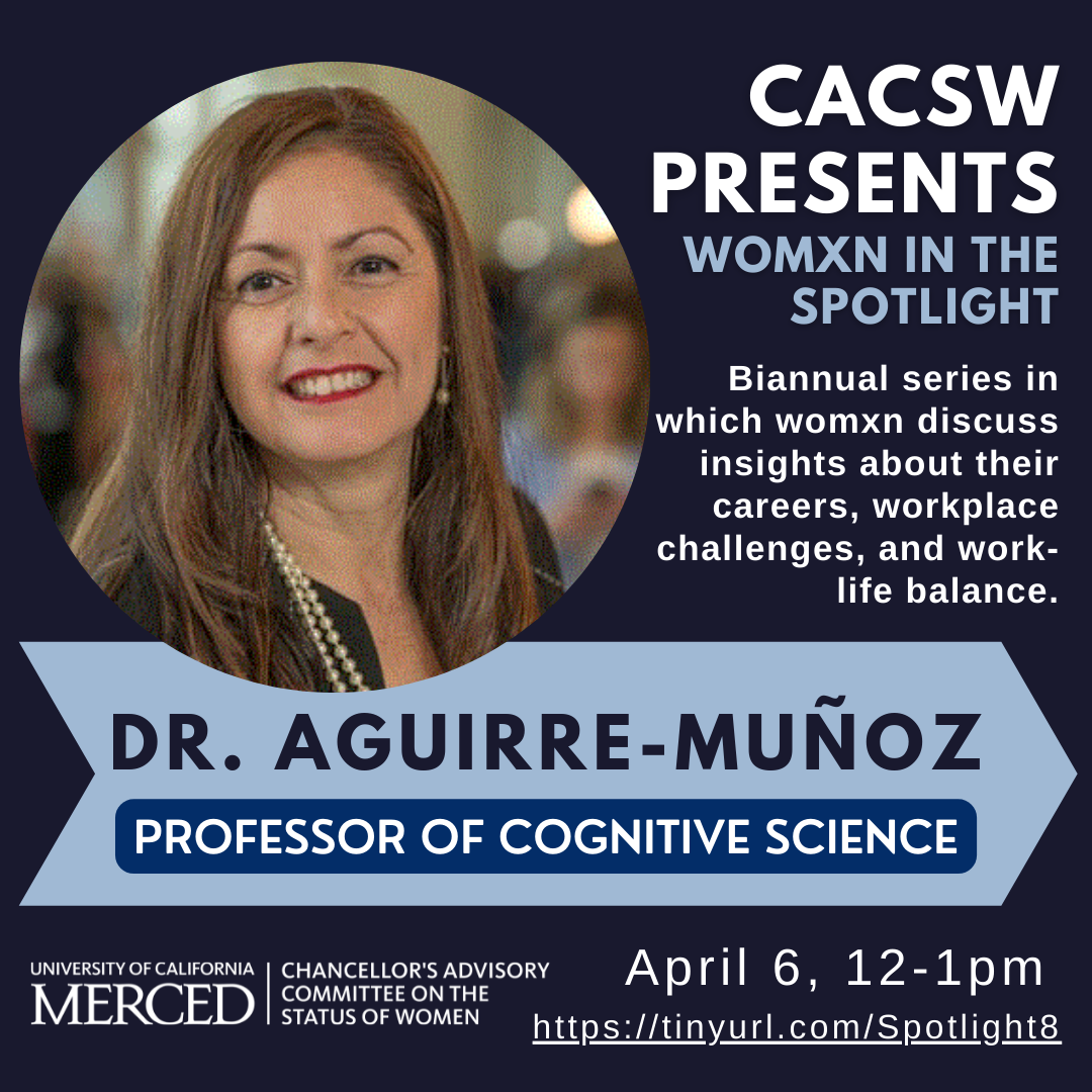 CACSW Presents Womxn in the Spotlight - Biannual series in which womxn discuss insights about their careers, workplace challenges, and work-life balance. Dr. Aguirre-Munoz, Professor of Cognitive Science