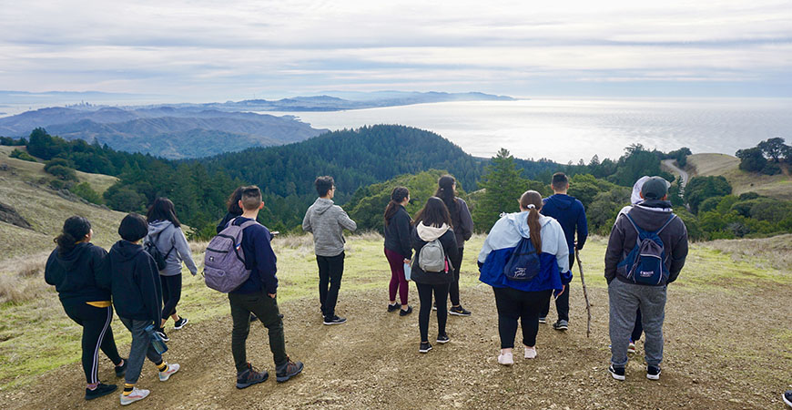 UC Merced students in the Leadership & Service Living Learning Community take in the view from atop Mount Tamalpais.